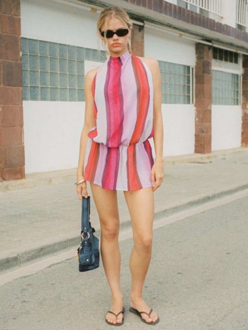 Veloria Halterneck Mini Dress in Pink Sheer Chiffon Painted Stripe
